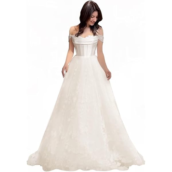 Lace Wedding Dresses Sweetheart Low Back Beach Bride Dress 2023 Sweep Train  A-line Wedding Gowns Off Shoulder White 8 at Amazon Women's Clothing store