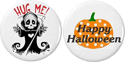 Set 2 Happy Halloween / Hug Me! Grim Reaper 2.25' Large Buttons Pins Cute