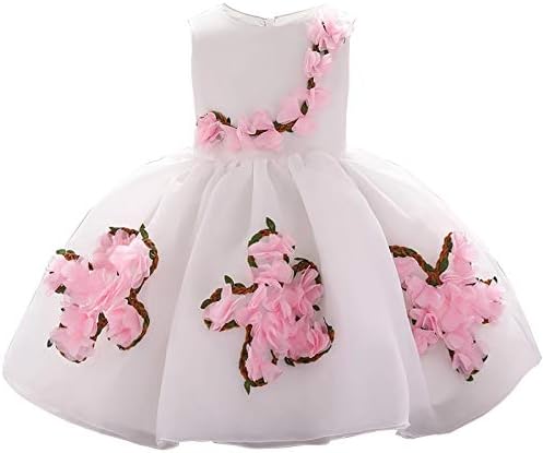 RUMOUR Birthday Frock with Elegant Flower for Girls 0-6 Month White-Pink