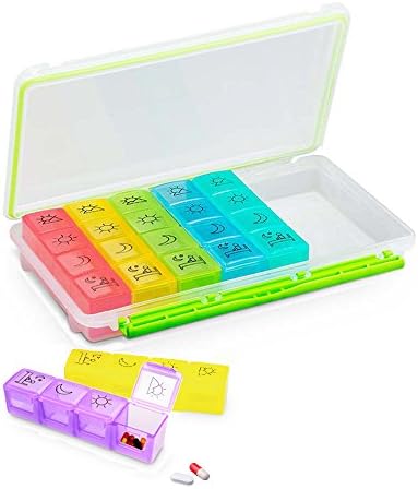 Weekly 7 Day Pill Case Organizer, 4 Times A Day Moisture-Proof Pill Box , Portable Travel Medication Vitamin Fish Oil Compartments Container Planner, Rainbow Color
