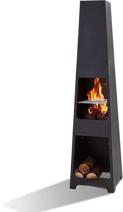 Trueshopping 150cm Metal Chiminea Fire Pit with Grill & Log Storage