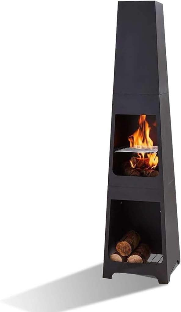Trueshopping 150cm Metal Chiminea Fire Pit with Grill & Log Storage