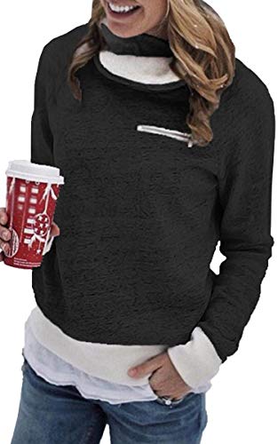 ECOWISH Womens Long Sleeve Zipper Turtelneck Sherpa Sweatshirt Soft Fleece Pullover Outwear Coat Black XL