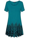 Laksmi Womens Printed Flow Tunic Shirts, Short Sleeve Scoop Neck A Line Loose Fit Casual Top (Medium, Dark Cyan)