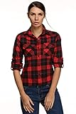 Meaneor Women Long Sleeve Plus Mid-Long Style Roll-Up Sleeve Plaid Flannel Shirt