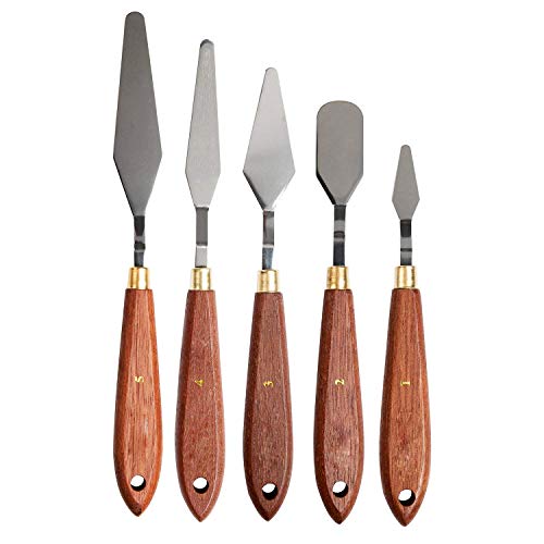 ATWORTH 5-Piece Painting Knives Scrapers Artist Palette Knife Set with Flexable Blades & Comfort Hardwood Grips