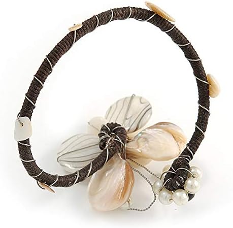 Avalaya Off White Sea Shell Bead Butterfly Silver Wire Flex Cuff Bracelet - Adjustable, White / Ivory, Brown - Image 5
