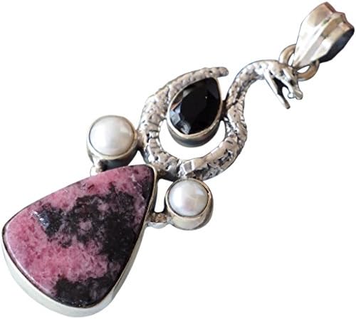 CZgem 34ct Nature Ruby Zoisite, Pearl, Black Onyx Pendant 925 Sterling Silver Gemstone Boho Style, 2.1"
