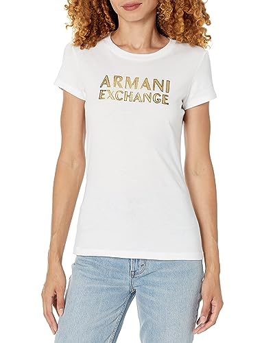Armani Exchange A｜X Women's Cotton Jersey Metallic Logo Fitted Tee, White