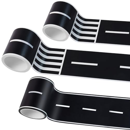 3 Rolls Roadway Tape, Race Cars Decorations for Kids Birthday Party, Easy to Stick and Tear, 2 Inch Wide x 49 FT Long, 2 Types
