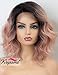 K'ryssma Ombre Pink Lace Front Wig Wavy Rose Blonde Short Bob Synthetic Wig with Dark Roots L Part Pastel Pink Ombre Wigs with Deep Side Parting