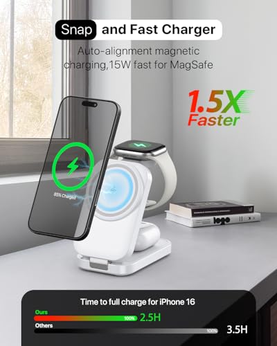 3 in 1 Wireless Charging Station for Apple,Foldable Magnetic Wireless Charger,15W Fast for MagSafe Charger Stand for iPhone 17/16/15/14/13,for Apple Watch,for AirPods