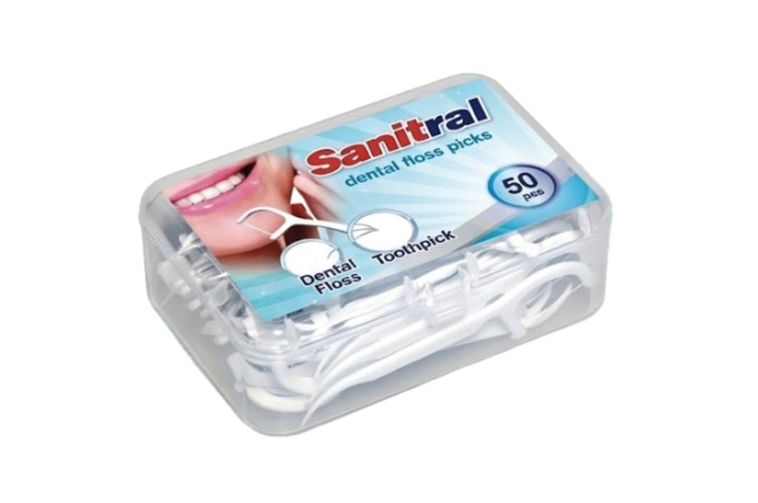 Sanitral Dental Floss Sticks, Strong Non-Shred Floss, 2 in 1 Advance Cleaning Toothpick in Clear Box Perfect for Family,Hotel,Travel (50 pcs)