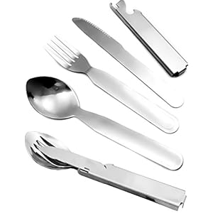 Outdoor Saxx® Cubertería de viaje 5 en 1, cuchillo-cuchillo-cuchara-abrelatas, acero inoxidable, juego de cubiertos de 5 piezas