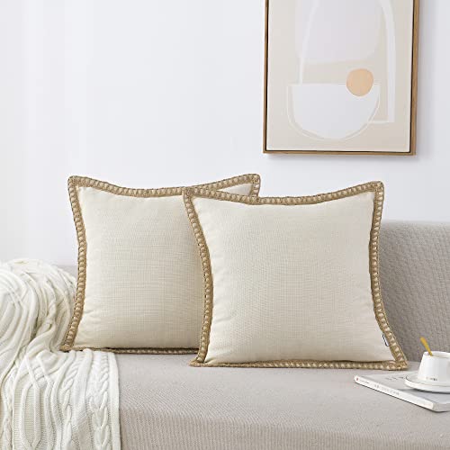 NordECO HOME Confezione da 2 federe in lino beige, 50 x 50 cm, con bordi rifiniti, 20 x 20 cm, per decorazione divano