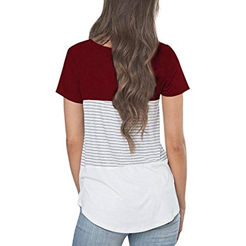 ManxiVoo Short Sleeve T-Shirt Women Loose Triple Color Block Stripe Cotton Blouse Casual O-Neck Tops (L, Wine Red)