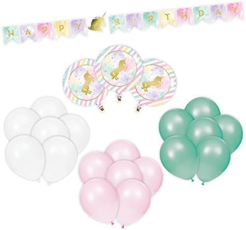 Unicorn Balloons Party Supplies Kit - 1 Happy Birthday Banner, 3 Foil Balloons (18 Inch) and 18 Latex Balloons (6 Pink, 6 Green, 6 White) - Pastel Rainbow and Gold Set for Bouquet - Bundle of 22 Items