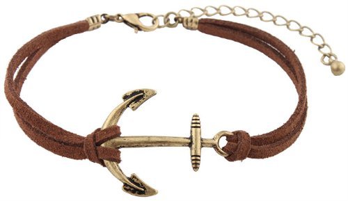5 Pieces of Brown with Brushed Gold Ship Anchor Charm with an Adjustable String Bracelet