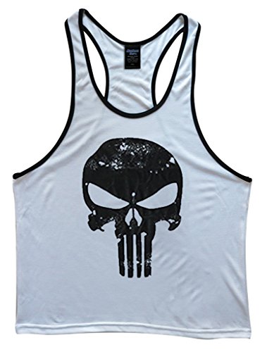 Skull Logo Men's Stringer Tank Top Deepcut White Black Trim Large