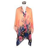 TrendsBlue Elegant Chiffon Floral Sheer Kimono Wrap Cardigan Beach Cover Up, Orange