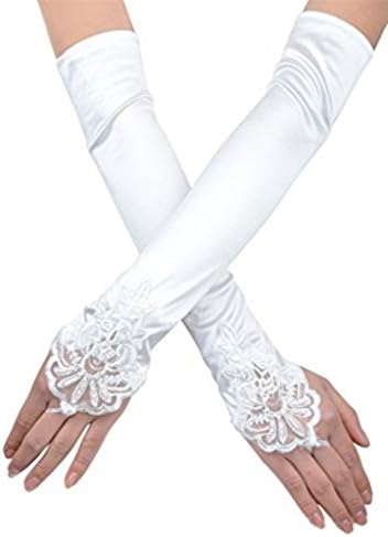 Love Millie Bridal Satin Fingerless Gloves Floral Embroidery Lace &amp; Sequins (white)