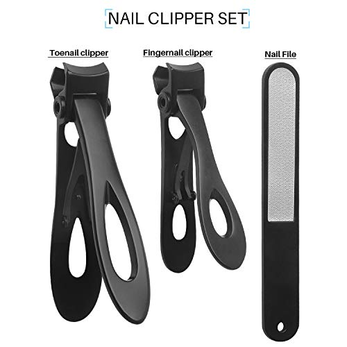 Fingernail and Toenail Clippers Set 15mm Wide Jaw Opening Nail Clippers for Thick Nails Large and Small Sizes Stainless Steel Sharp Nail Cutter with Nail File for Men and Women 3PCS (Black)