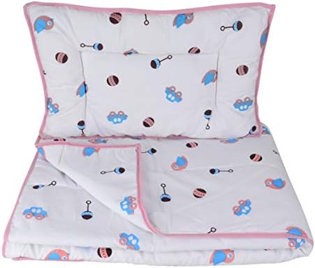 Wonder Wee Quilt & Pillow/Play Mat Cotton Bedding Set for Baby Foldable Mattress Super Soft & Smooth Size 47x43 in, (Quilt) 21 x13.5 in, (Pillow) XXL [Pink Toys]