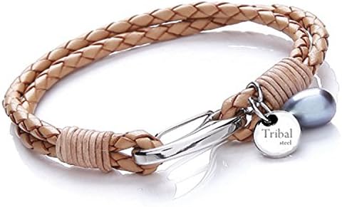 NATURAL 3MM 2-Strand Plaited/Braided Leather Bracelet With Disk Tag, Freshwater Pearl Charm &amp; Stainless Steel Shrimp Clasp - Womens Standard (19cm/7.5 Inch)