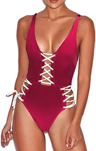 Saitai Swimwear Women's One-Piece Criss Cross Front Swimsuit Solid Color Monokini (Medium, Red)