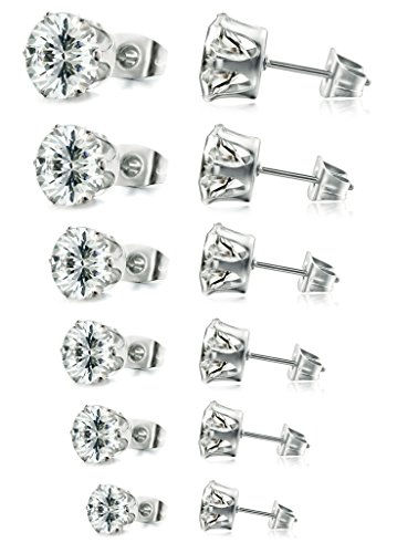 FIBO STEEL Stainless Steel Womens Stud Earrings Cubic Zirconia Inlaid,3mm-8mm 6 Pairs