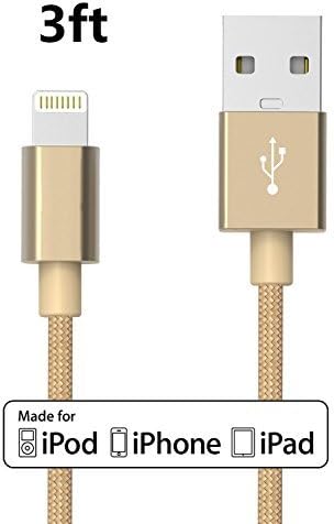 Red Gem Nylon Braided Lightning Cable USB Cord Charging Cable for iphone 6s, 6s plus, 6plus, 6,5s 5c 5,iPad Mini, Air,iPad5,iPod. Compatible with iOS9.(Gold)(1pc) (3ft)