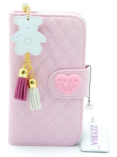 ZZYBIA® S4 QHB Pink Leatherette Case Card Holder Wallet With White Bear Fringed Dust Plug Charm for Samsung Galaxy S4 IV I9500 I9505