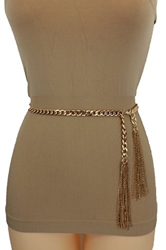 TFJ Women Fashion Belt Skinny Metal Chain Fringes Wrap Around S M Gold