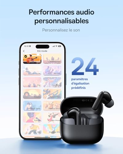 EP10 NC Écouteurs Bluetooth sans Fil, Ecouteurs sans Fil avec Réduction de Bruit Actif à -43dB, 24 Modes EQ, Conducteurs 12mm, SuperBass, 4-Mic AI pour Appels Clairs, IP55, 41H, Bluetooth 6.0