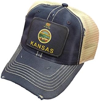 Kansas Flag Distressed Trucker Baseball Cap (Navy)