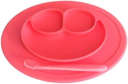 No Spill, Smiley, Placemat Plate for Baby to Toddler. It has 3 Compartments for Food. Strong Suction &amp; Fits any Surface. Made of 100% Safe BPA Free Food-Grade Silicone in pink. By Irissa