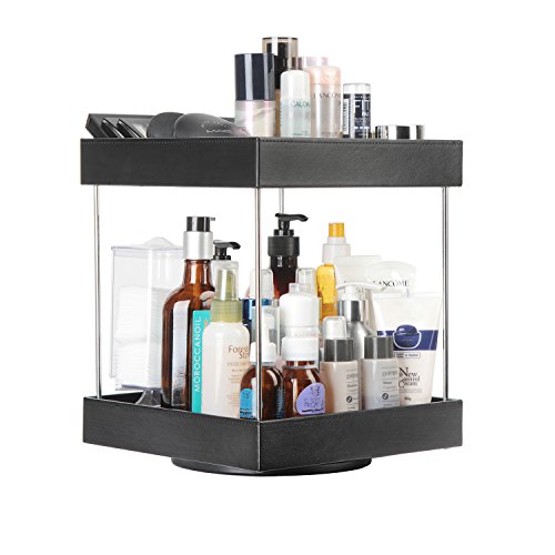JackCubeDesign 360 Rotating Leather Makeup Cosmetics Organizer Display Rack Nail Polish Storage Tray Box Carousel Shelf(2 Tier, Wood, 9.53 x 9.53 x 11.34 inches) – :MK221A - Thumbnail 3