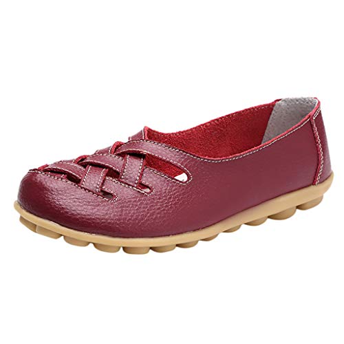 Aunimeifly Mom Casual Shoes Female Soft Leather Criss-Cross Hollow Out Peas Flat Shoe Women Summer Sandals Red