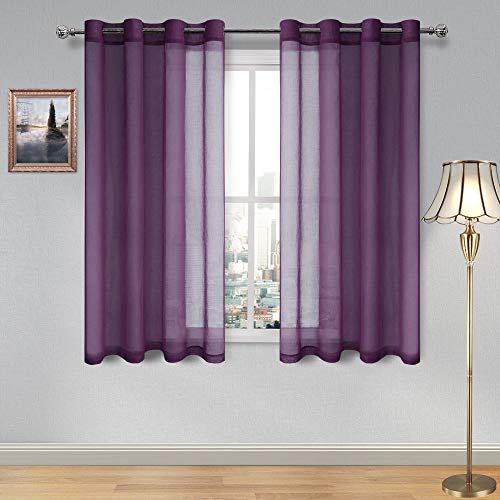 DWCN Sheer Curtains Linen Look Grommet Curtain Panels Voile Sheer Living Room Curtains W 52x L 54 inch Length, Purple, Set of 2 Panels