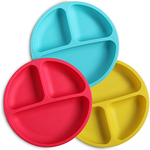 WeeSprout Silicone Divided Toddler Plates - 3 Pack - Easy to Clean - Dishwasher and Microwave Safe - Soft, Skid Resistant and Unbreakable - FDA/LFGB Certified Silicone (Red, Blue & Yellow)