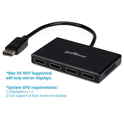 gofanco 4 Port DisplayPort 1.2 to DisplayPort Multi Stream Transport MST Hub 1x4 Monitor Splitter for Windows PCs, Eyefinity Compatible, Display Modes: Mirror, Extended, Video Wall with Eyefinity
