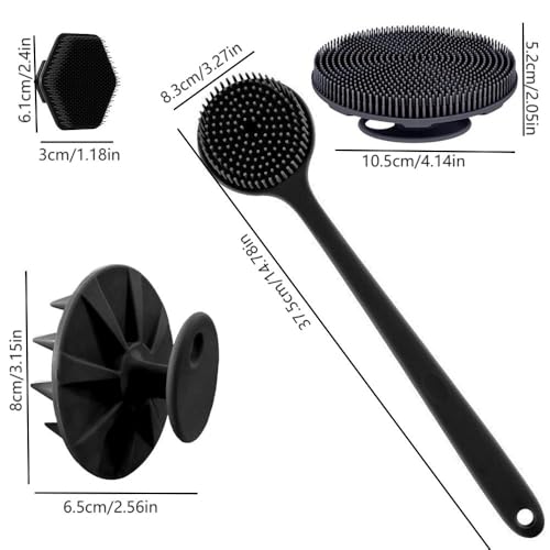 cepillo de silicona para cuerpo - 1 cepillo de limpieza de espalda de mango largo, cepillo de baño corto, cepillo para lavar el pelo y cepillo para lavar la cara, herramientas de limpieza (black)