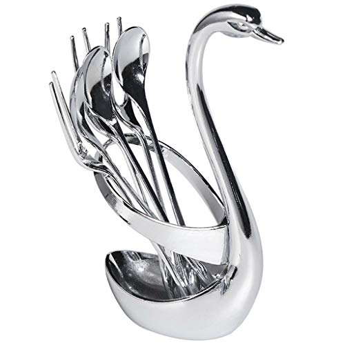 MIS1950s Stainless Steel Dinnerware Set & Fruit Fork Set & Dessert Flatware Set, Decorative Swan Base Holder with 3 Forks and 3 Spoons for Dining Room (Silver)