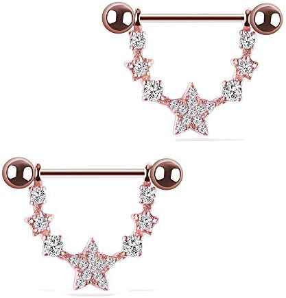 Nipplerings Piercing Women,IrbingNii Nippleshields Body Piercing Jewelry Rosy Gold Stars 1 Pair 14G