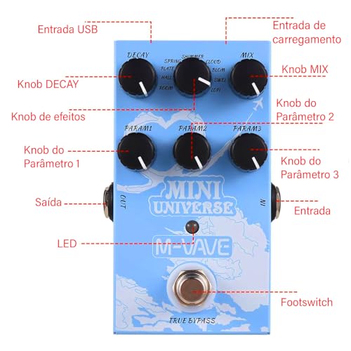 KINGSTER M-VAVE Pedal de efeitos de reverberação Mini Universe para guitarra elétrica, design True Bypass para guitarra, estojo de metal, fácil de operar 9 tons universais de reverberação, cordas