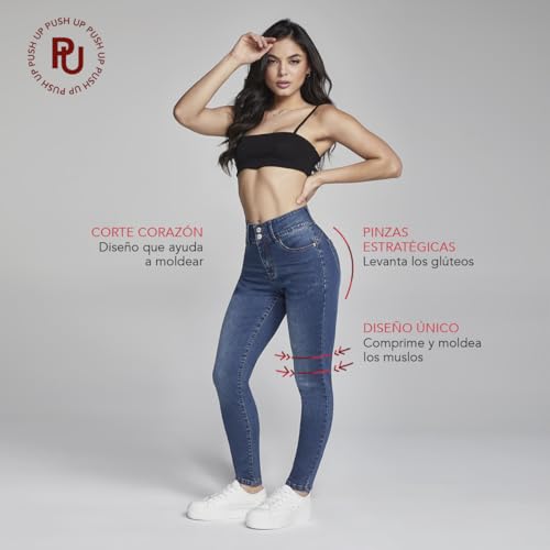 Seven Jeans Pantalón de Mezclilla para Mujer, Skinny Push Up, Cintura Alta, Pretina Ancha, Azul Modelo 1170STMEI