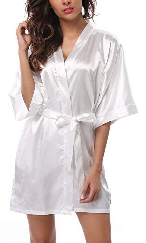 FADSHOW Women's Solid Color Kimono Robes Bathrobes Short Wedding Robes for Bridal Party,White,Large - Thumbnail 5
