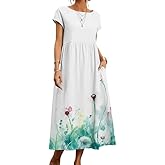 domirica Boho Maxi Dress Floral Cap Sleeve High Waist Smocked Flowy Casual Church Summer Long Womens Tshirt Dress