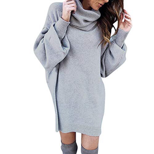 Women Solid Turtleneck Knitted Loose Knitted Warm Long Latern Sleeve Sweater Dress Blouse by Kanhan (M)