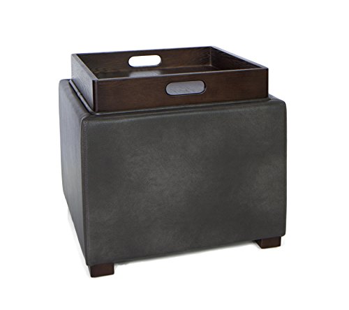 Cortesi Home Mavi Grey Top Tray Storage Cube Ottoman in Bonded Leather